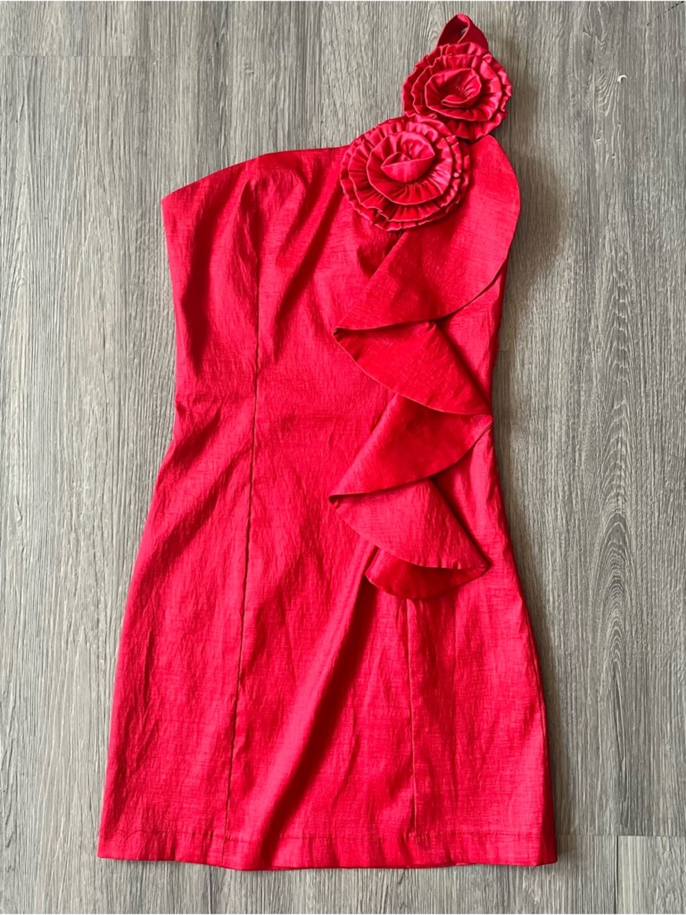 Red One-Shoulder Floral Ruffle Mini Dress